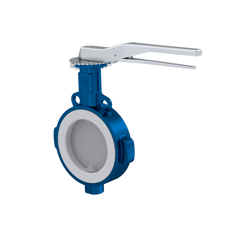 PFA-Absperrklappe PTFE AK09 DN125 ANSI150 Rasthebel Silikon Einlage